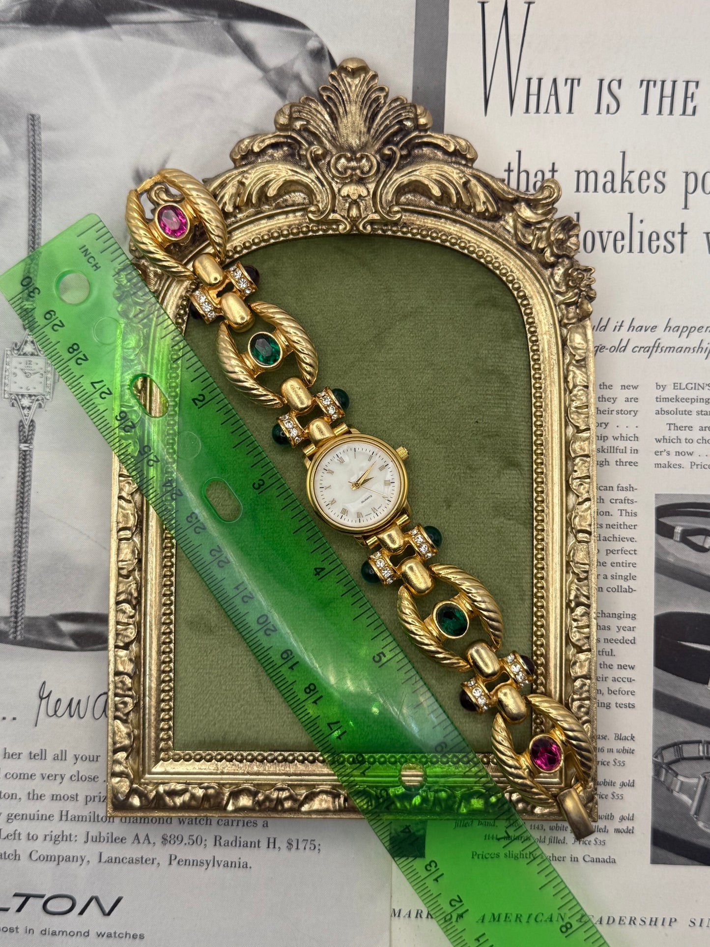 Working Vintage Gold Tone Gemstone Watch