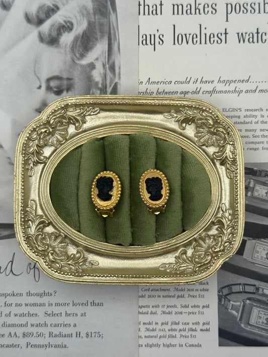 Vintage Gold Tone Clip On Cameo Earrings