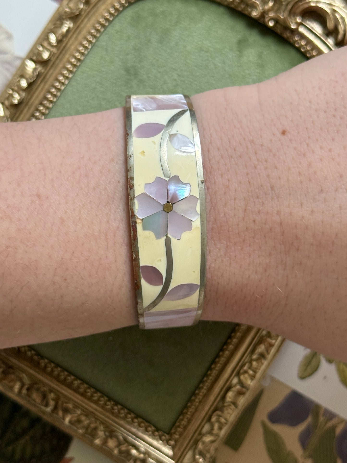 Vintage Silver Tone Abalone Inlay Cuff Bracelet
