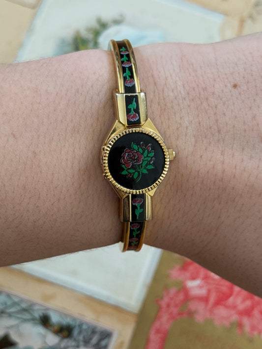 gold tone vintage floral enamel peek a boo watch