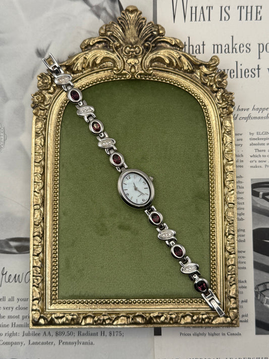 Working Vintage Silver Tone Gemstone Watch