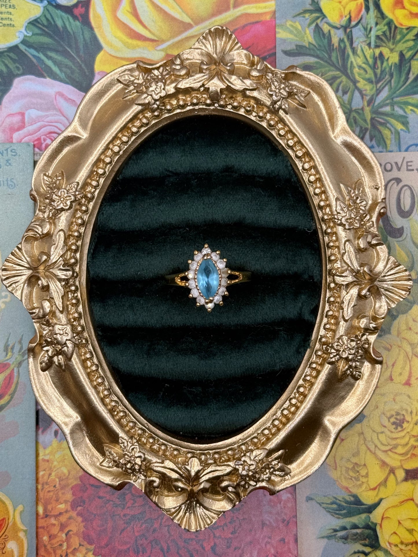 Vintage Gold Tone Blue Stone Ring Size 8