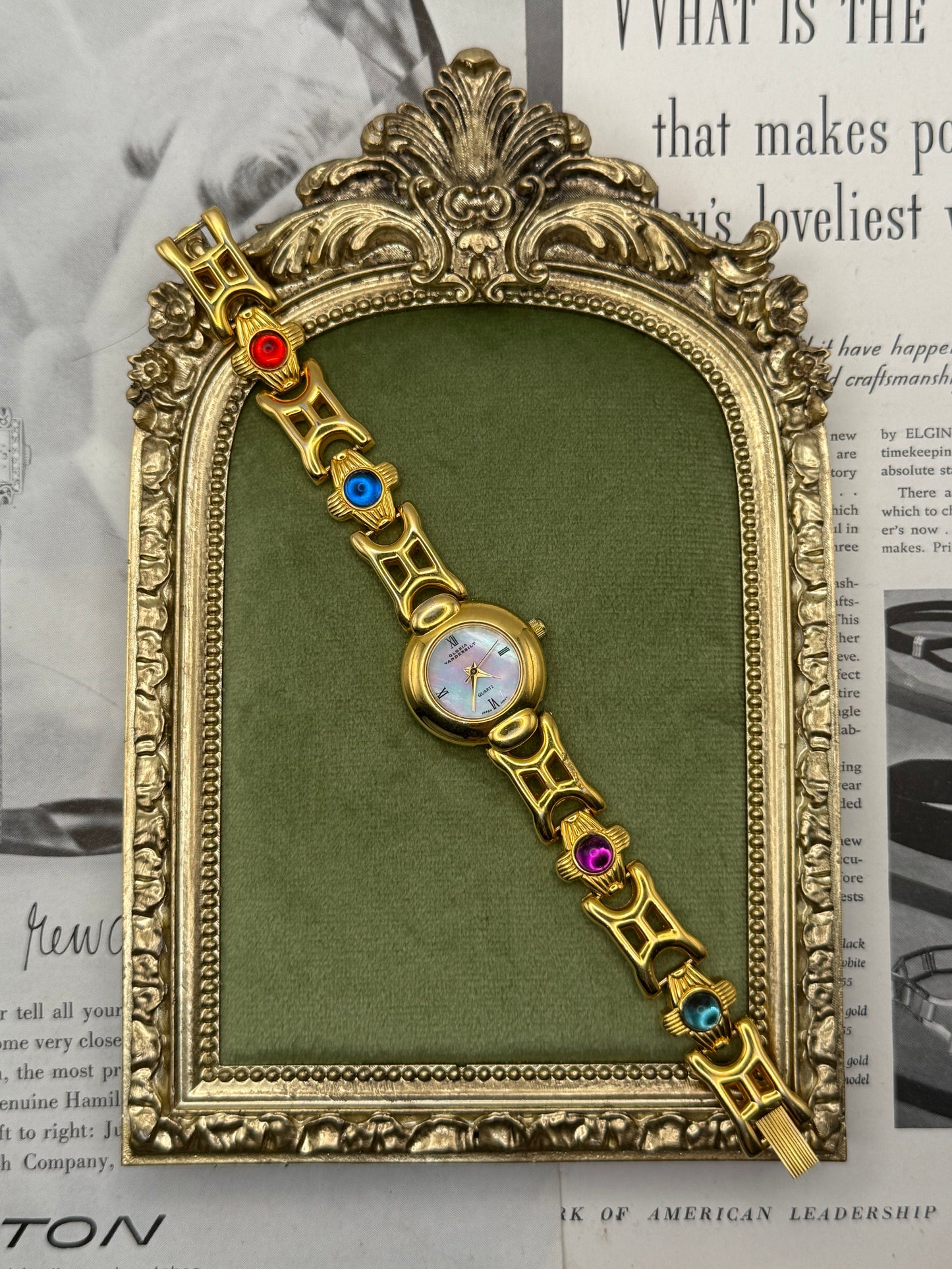 Working Vintage Gold Tone Gemstone Watch