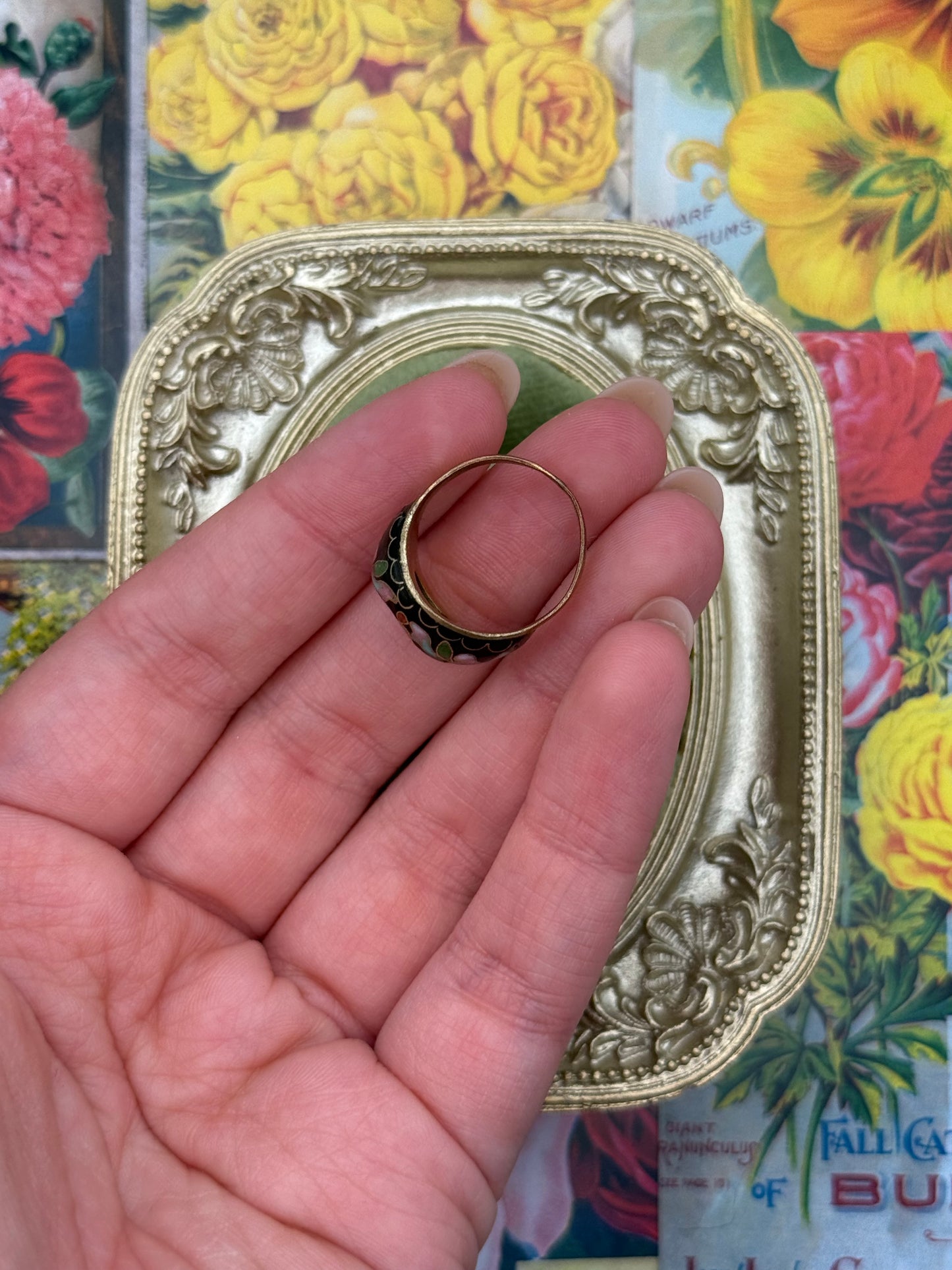 Vintage (Brass?) Heart Cloisonné Ring Size 7