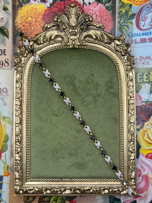 Vintage Gold Tone Black Stone Tennis Bracelet 7”