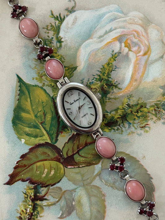 working silver tone pink gemstone and garnet watch
