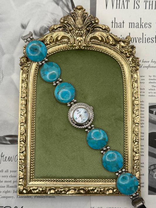 Working Vintage Silver Tone Blue Gemstone Watch