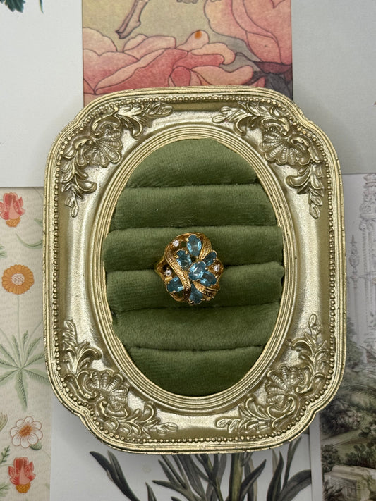 Vintage Gold Tone Old Stock Blue Gemstone Ring Size 5