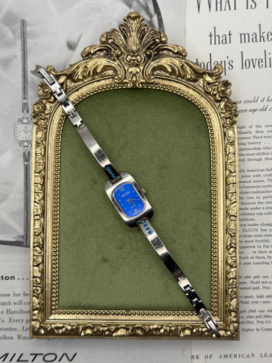 Working Vintage Silver Tone Blue Dial Watch