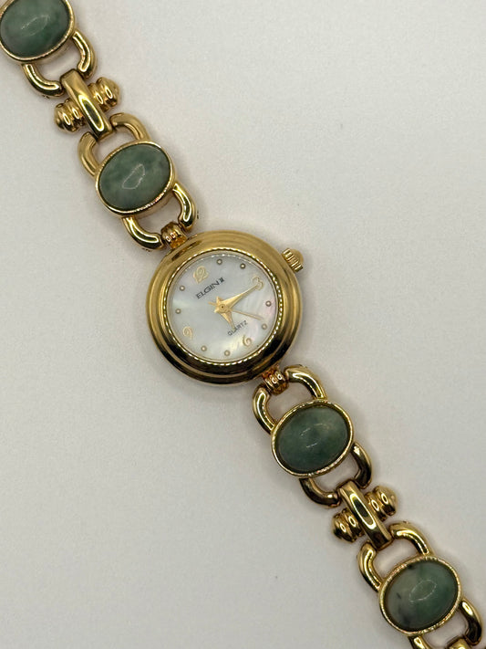 working gold tone green jade gemstone watch