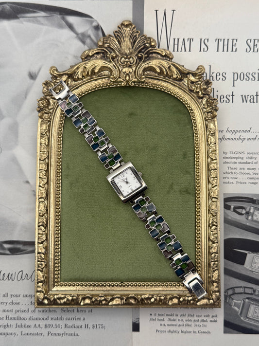 Working Vintage Silver Tone Stained Glass Style Watch