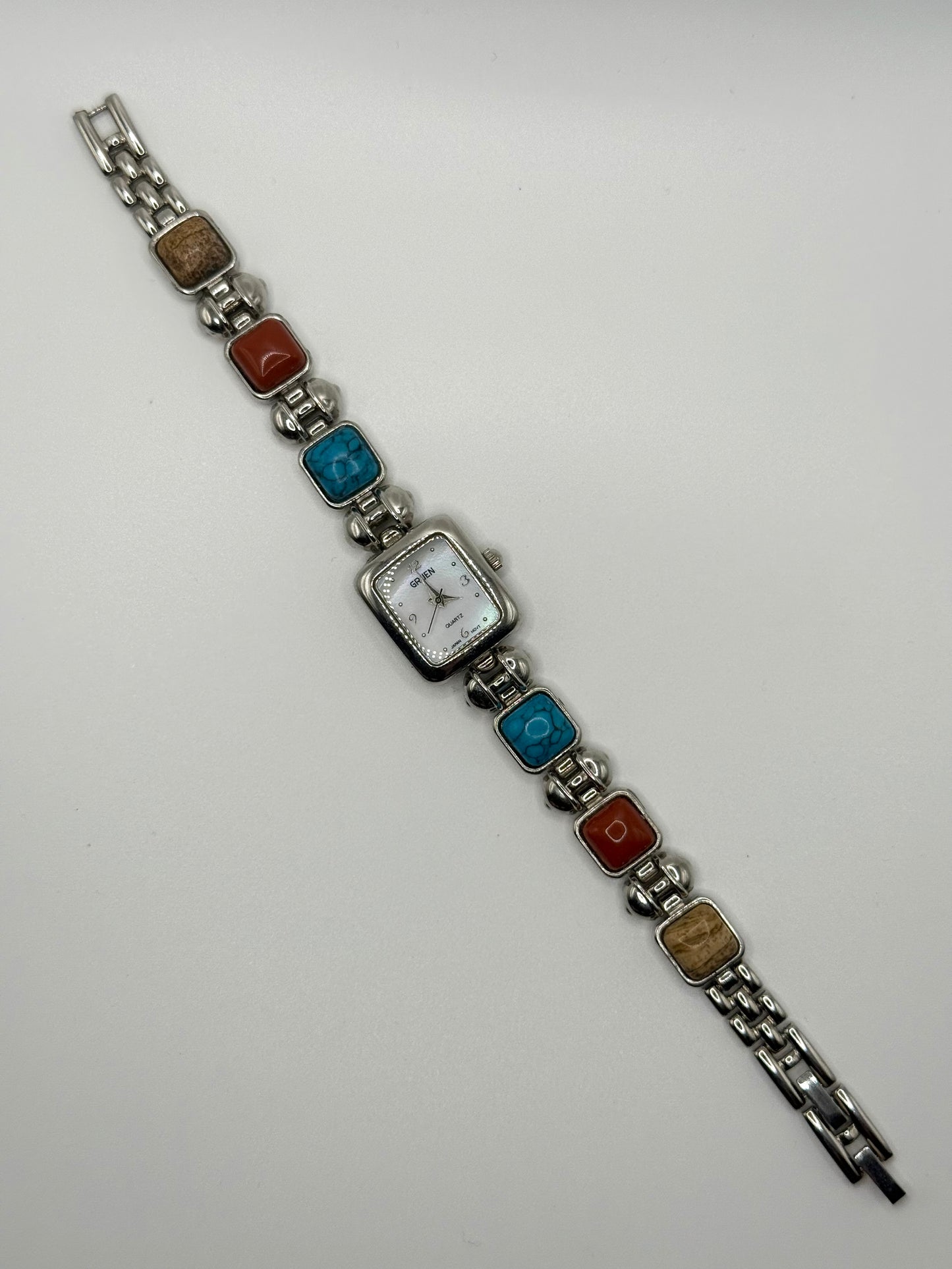 working silver tone scarab gemstone watch