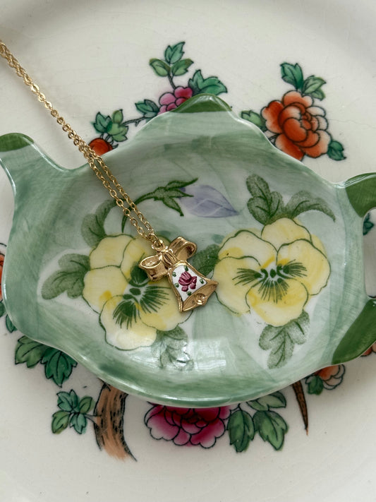 dainty gold tone guilloche bell pendant necklace