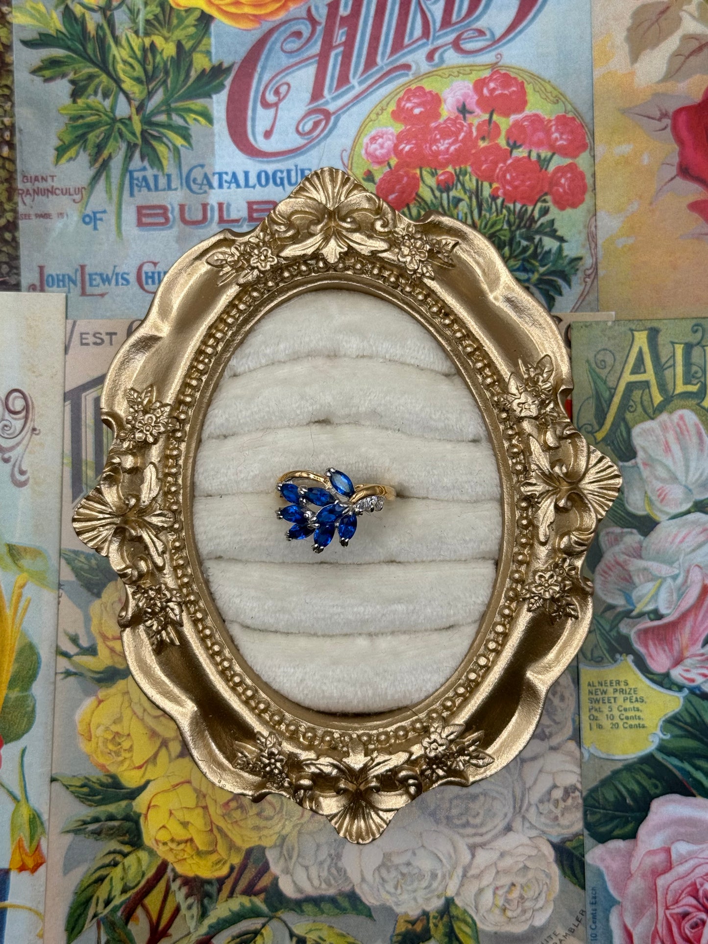 Vintage Gold Tone Blue Stone Ring Size 6