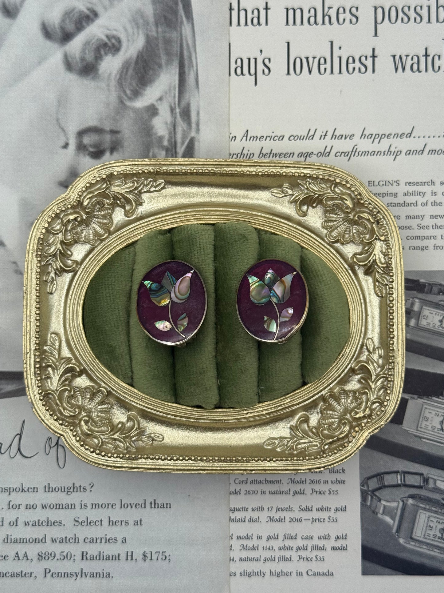 Vintage Silver Tone Abalone Floral Clip on Earrings