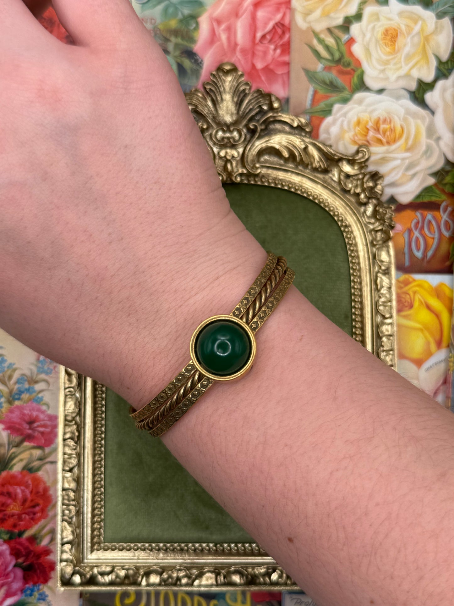 Vintage Gold Tone Green Stone Bangle Bracelet