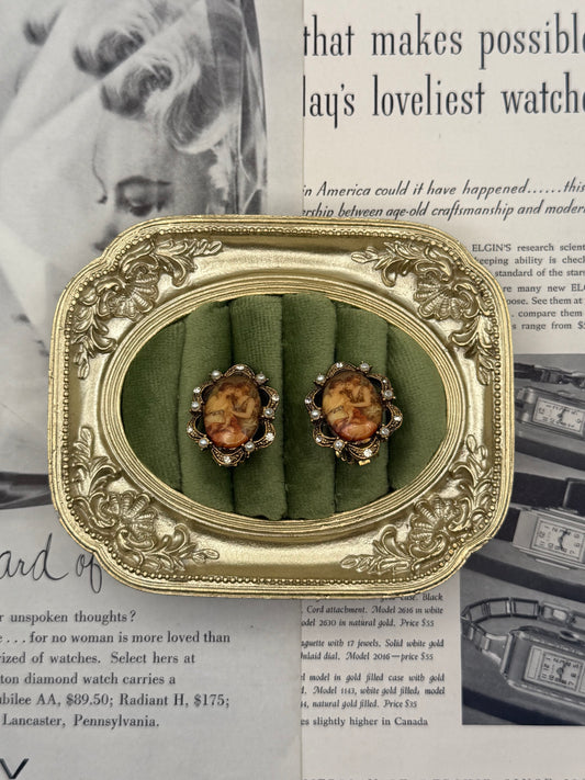 Vintage Gold Tone Pearl Cameo Pictorial Style Clip on Earrings