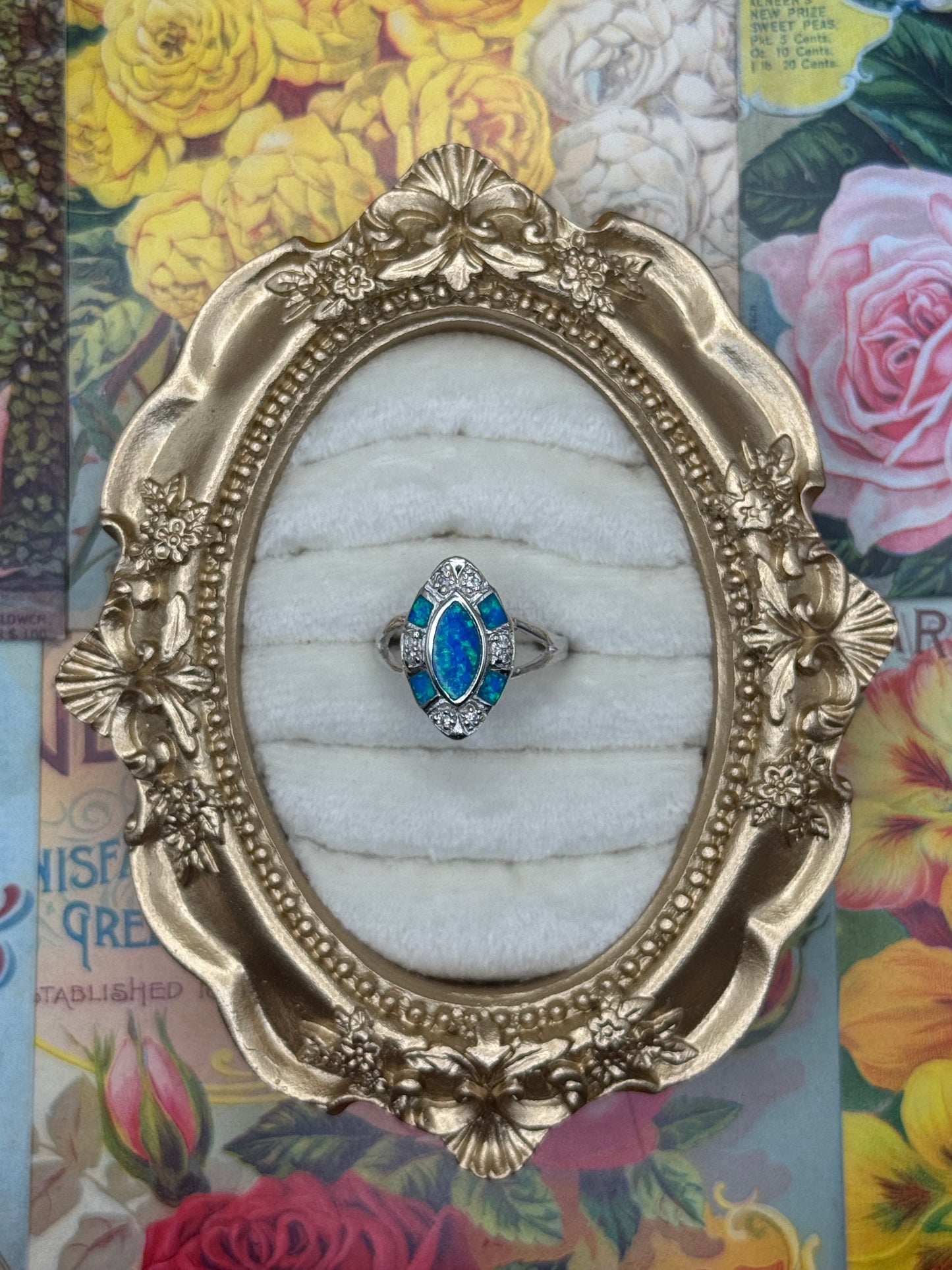 Modern Silver Tone Faux Opal Ring Size 9