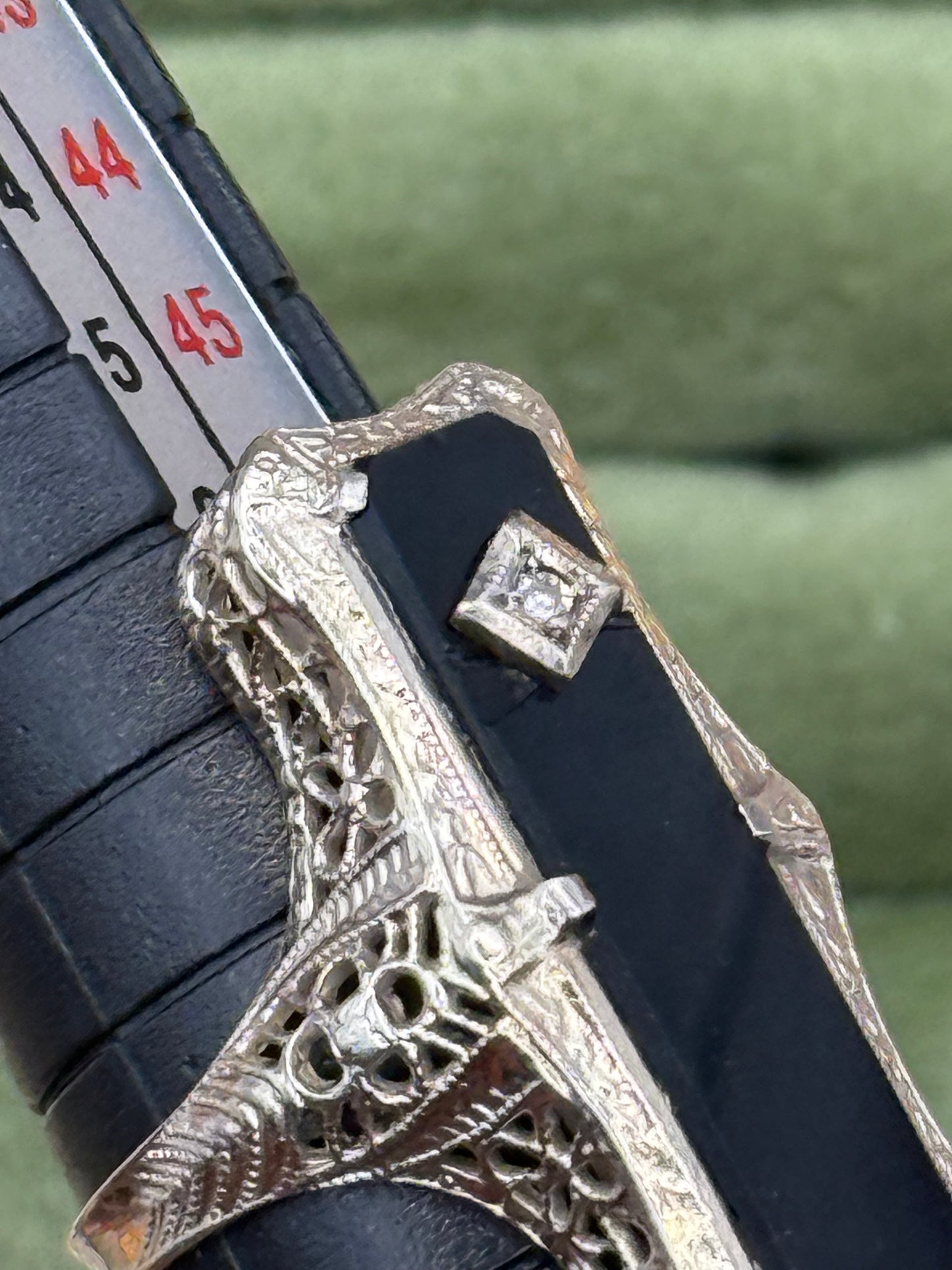 14k White Gold Art Deco Onyx & Diamond Filigree Navette Ring Size 5