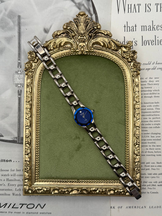 Working Vintage Silver Tone Blue Dial Watch