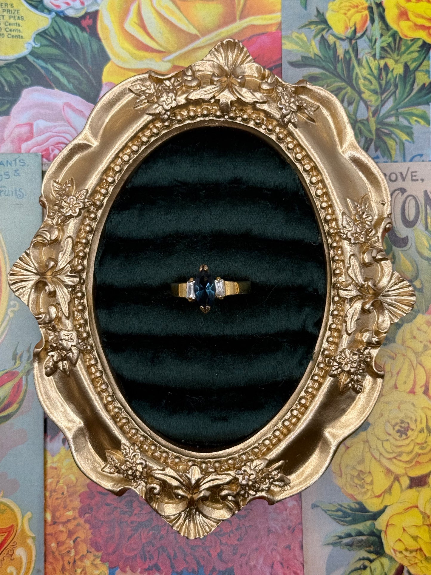 Vintage Gold Tone Blue Stone Ring Size 7.25