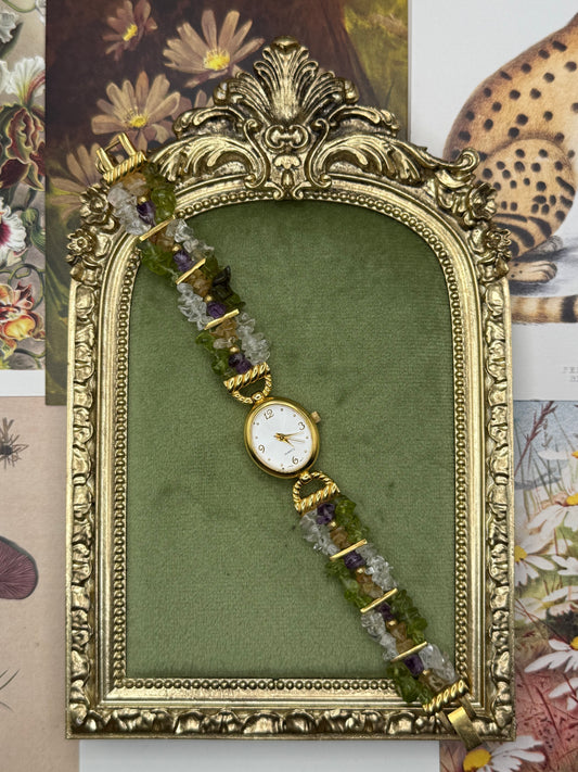 Working Vintage Gold Tone Gemstone Watch