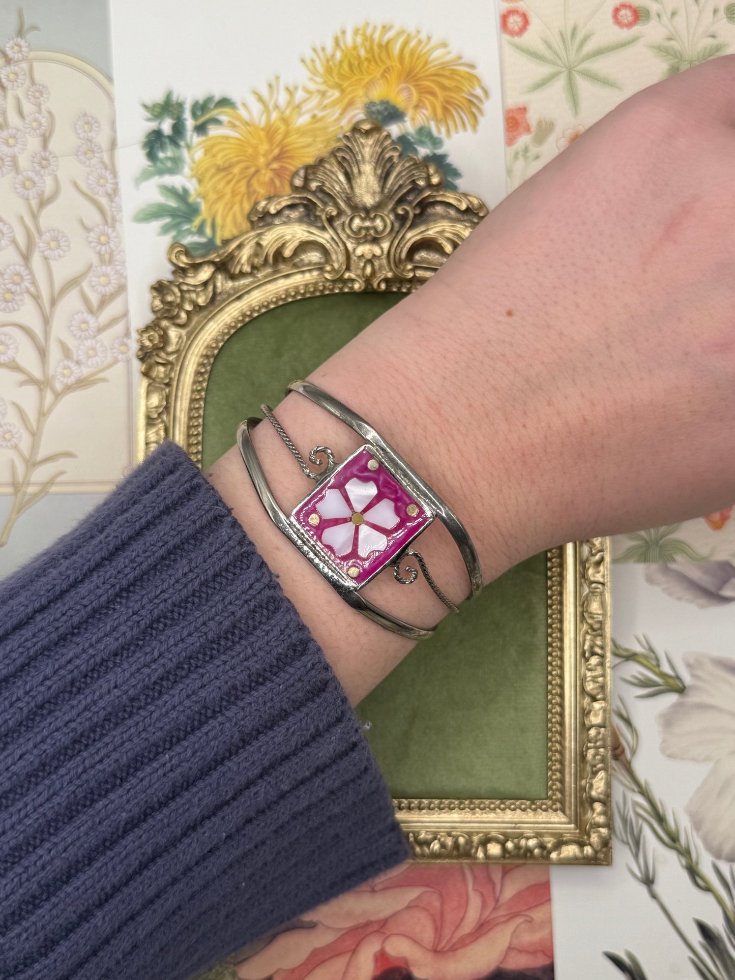 Vintage Silver Tone Abalone Inlay Cuff Bracelet