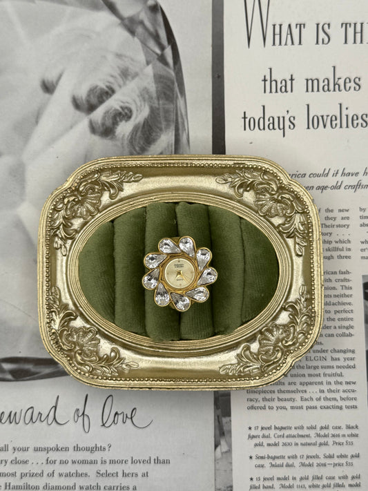 Untested Vintage Gold Tone Crystal Bezel Ring Watch
