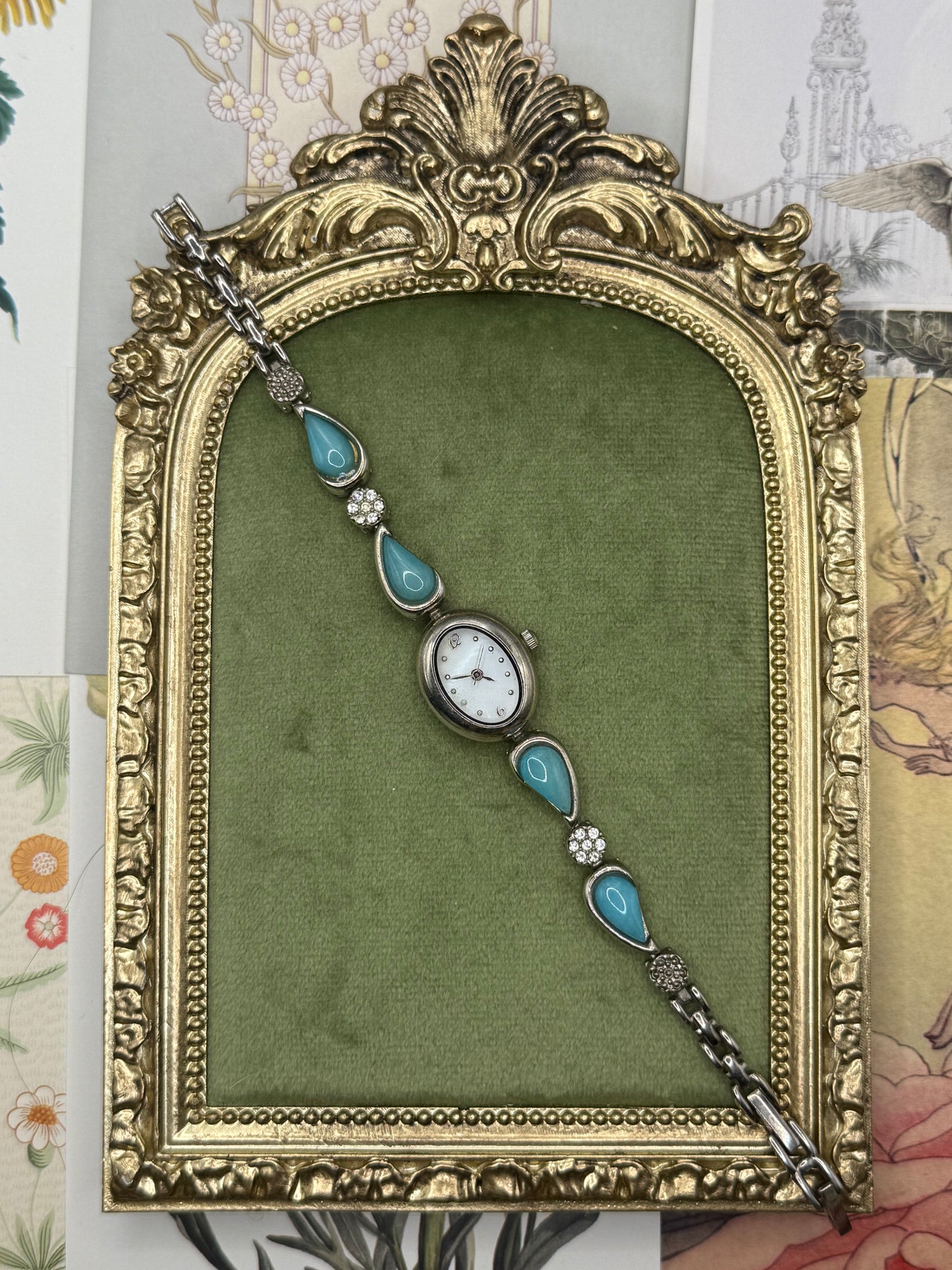 Working Vintage Silver Tone Gemstone Watch