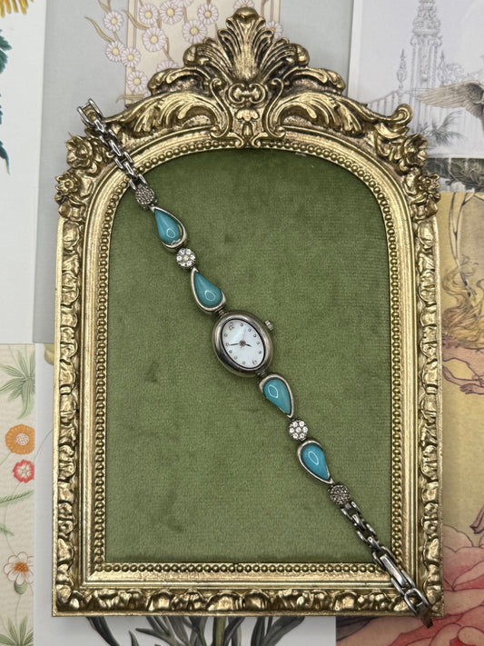 Working Vintage Silver Tone Gemstone Watch