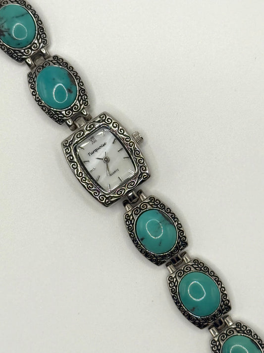working silver tone turquoise gemstone watch