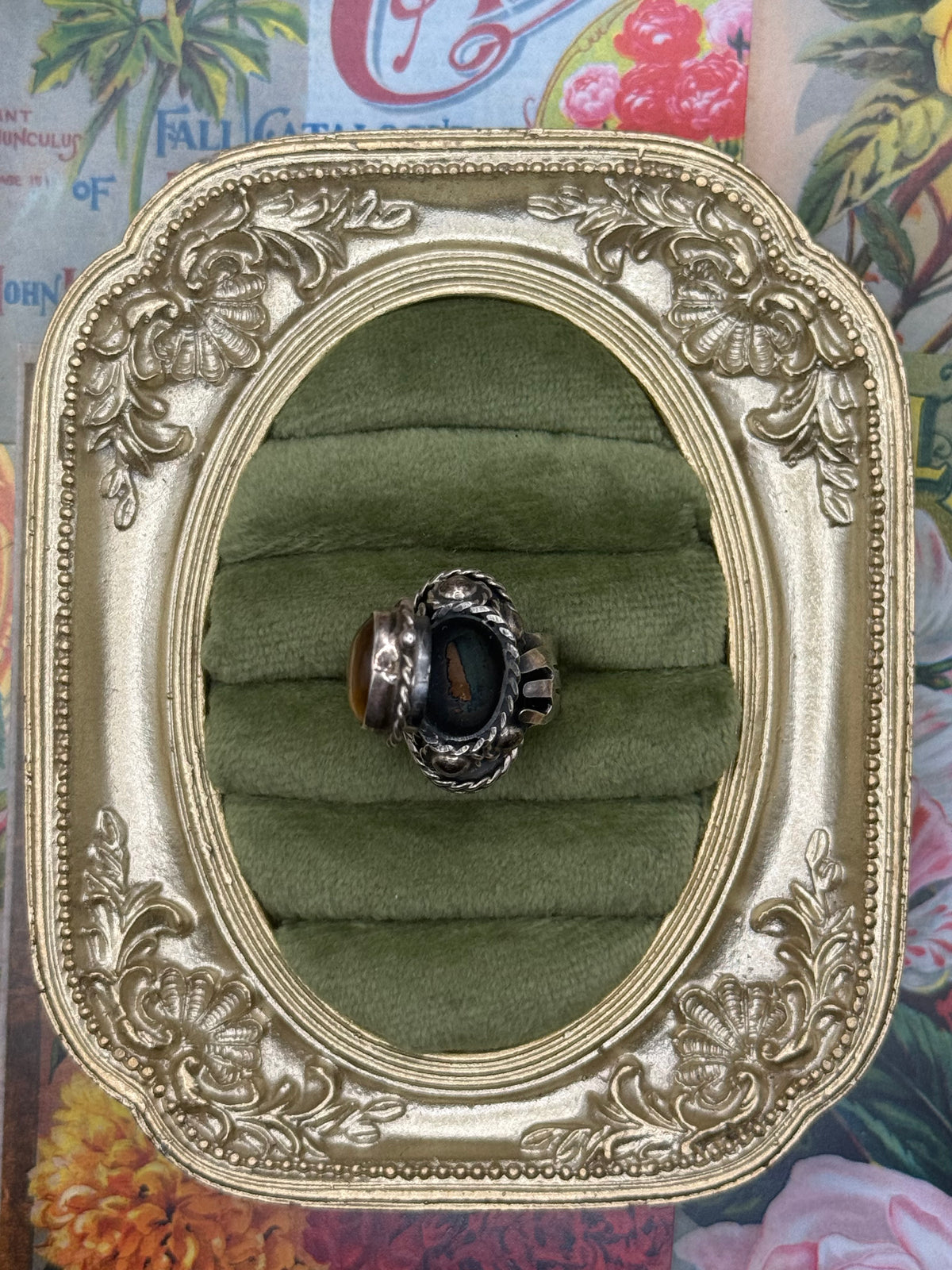Sterling Silver Taxco Adjustable Tigers Eye Poison Ring Size 9