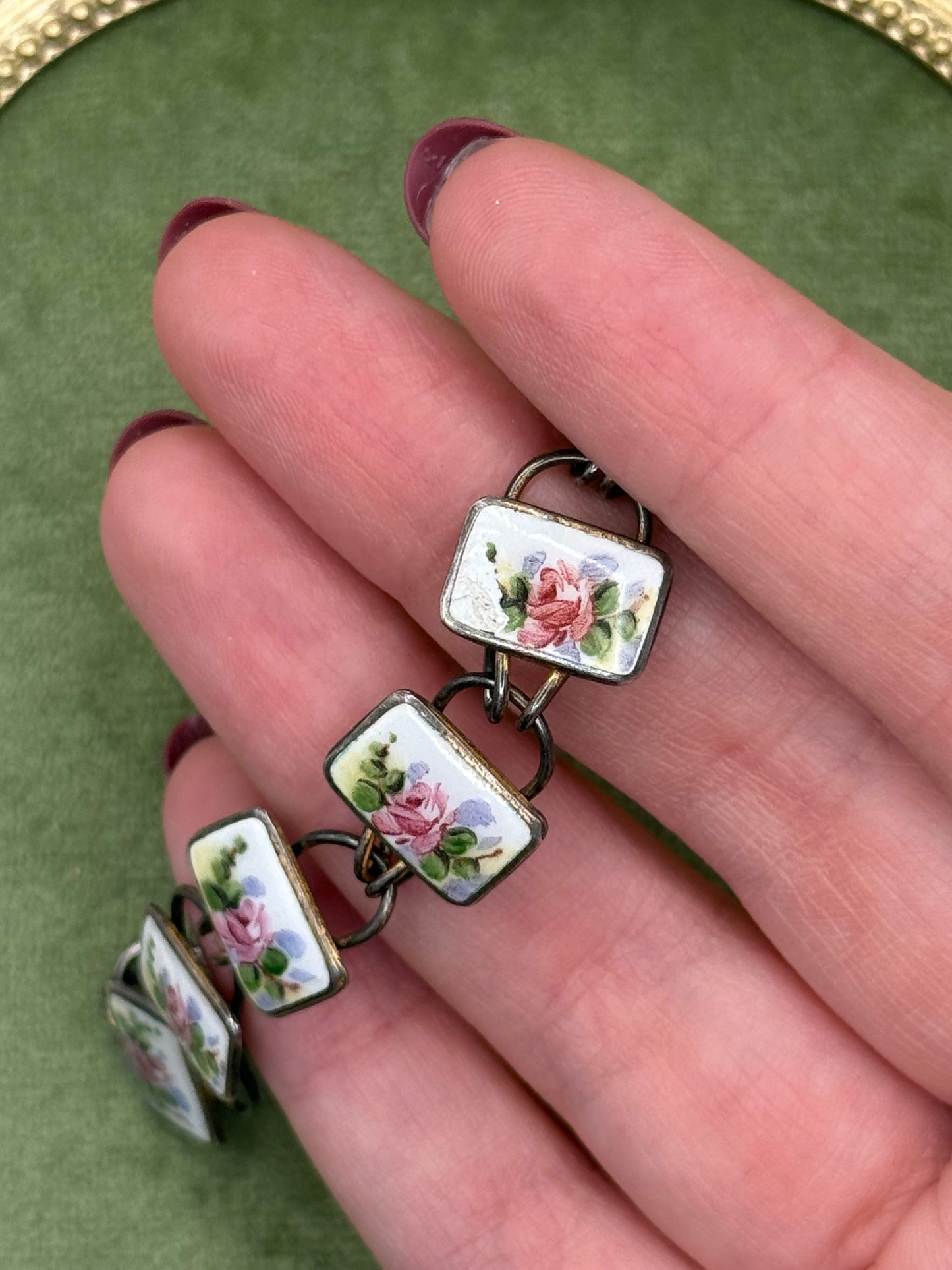 Vintage Sterling Silver Floral Enameled Bracelet 7”