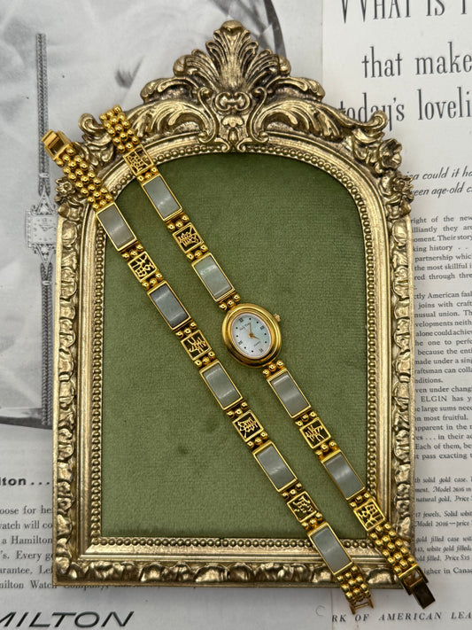 Working Vintage Gold Tone Green Jade Watch Set