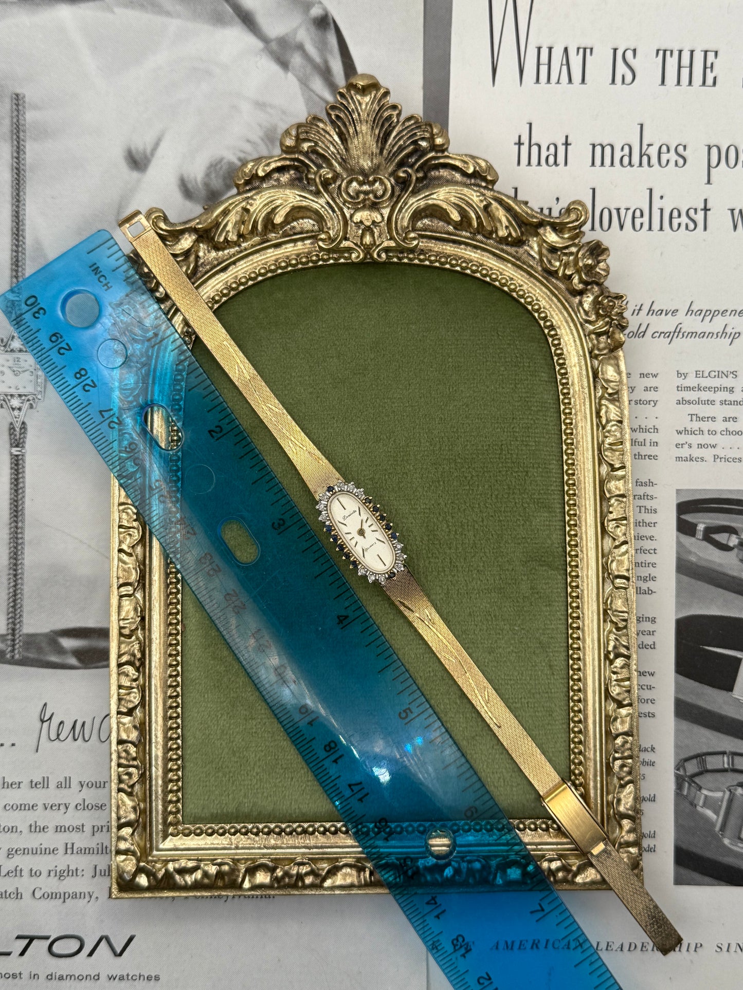 Working Vintage Gold Tone Sapphire and Diamond Bezel Watch