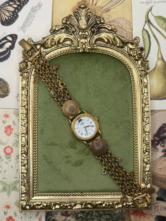 Working Vintage Gold Tone Rustic Kirks Folly Seashell Watch