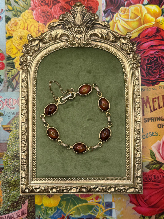 Vintage Gold Tone Brown Cabochon Bracelet 6.75”