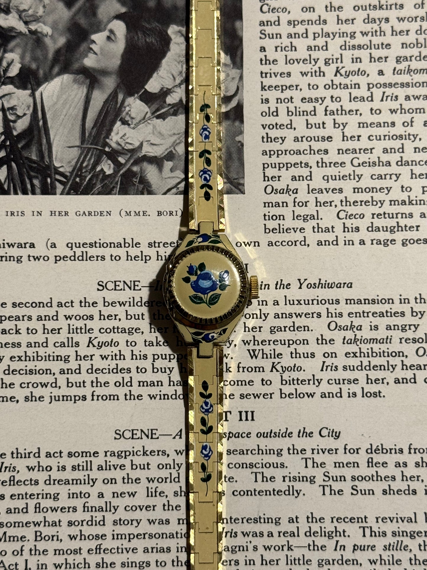 floral enameled vintage tan and blue gold tone peek a boo watch