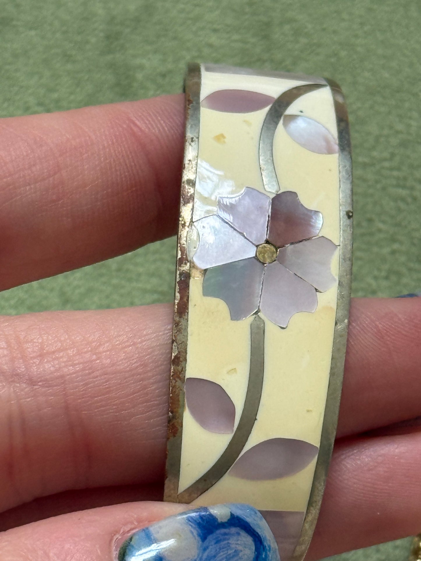 Vintage Silver Tone Abalone Inlay Cuff Bracelet