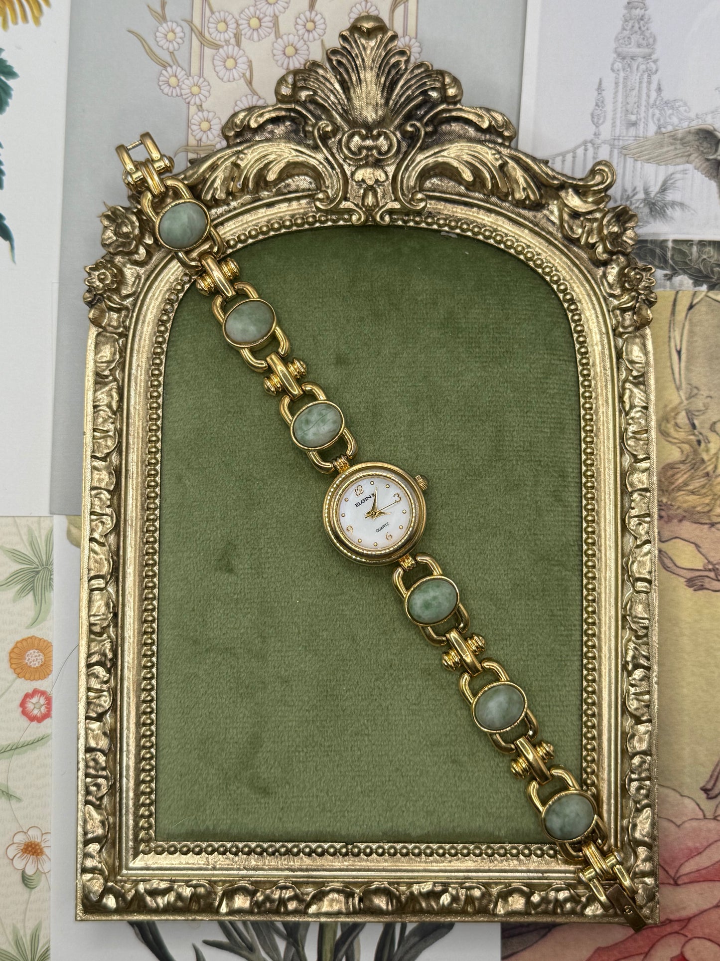 Working Vintage Gold Tone Jade Watch