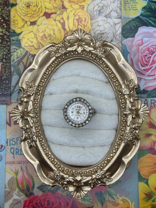 Working Vintage Silver Tone Adjustable Wind Up Ring Watch Size 5.5