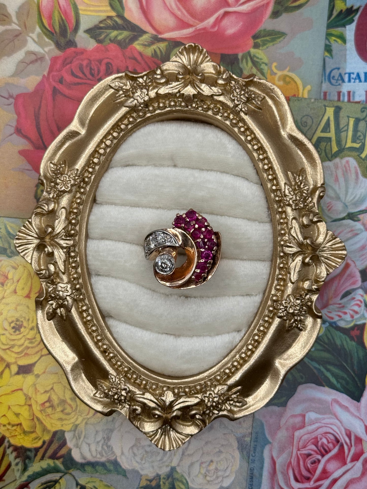 14k Solid Rose Gold Natural Diamond & Ruby Ring Size 8.25