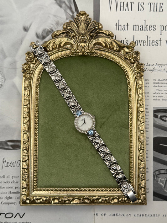 Working Vintage Silver Tone Gemstone Watch