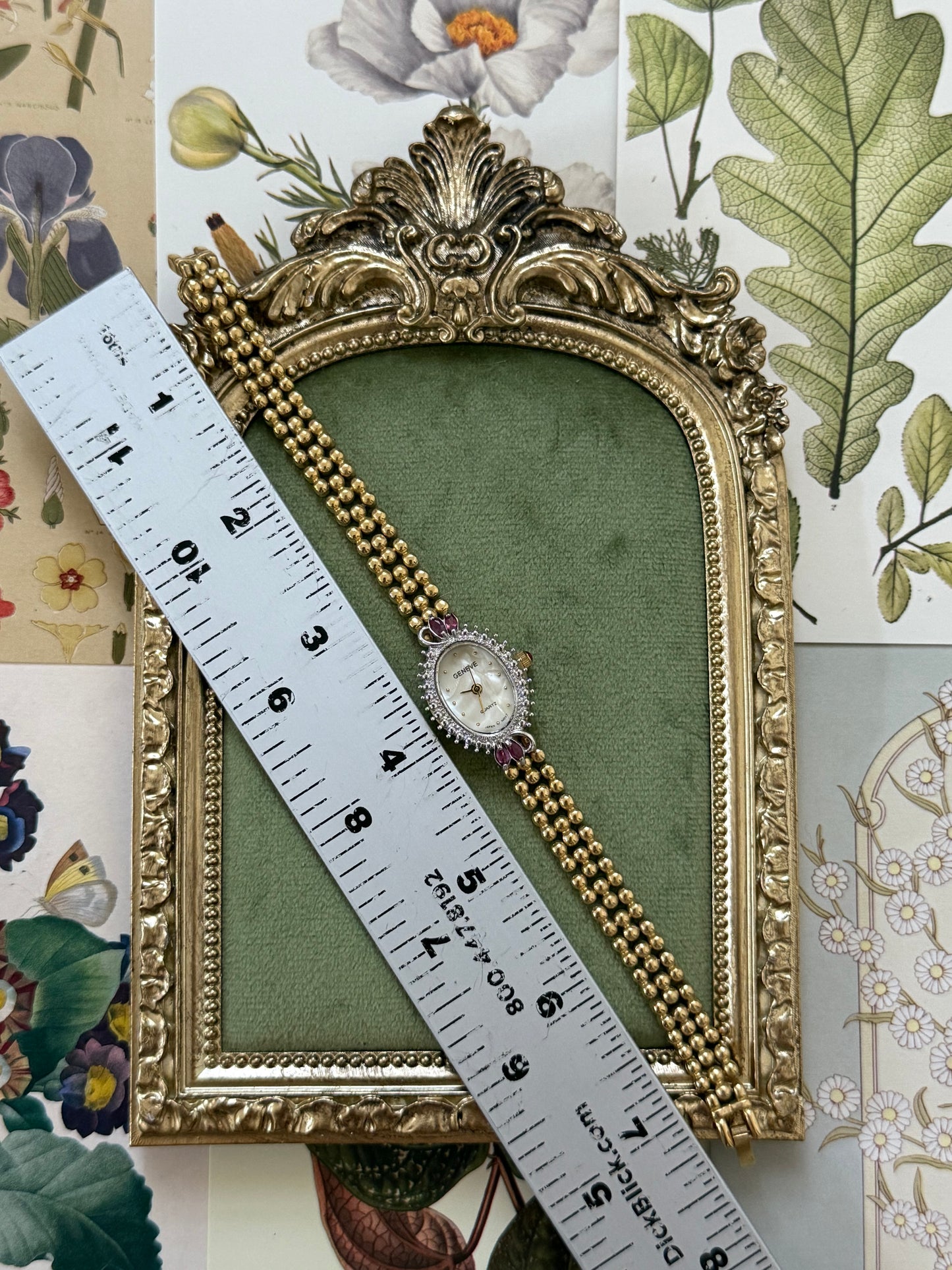 Working Vintage Gold Tone Red Gemstone Diamond Dial Watch