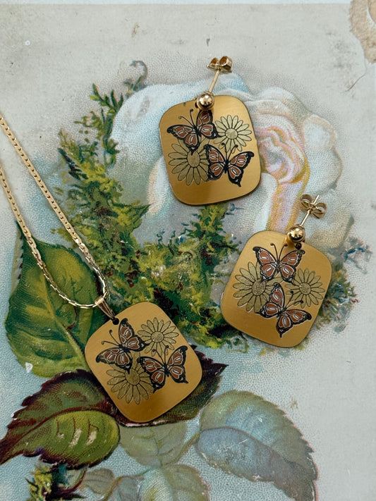 damascene gold tone floral butterfly earrings and necklace set