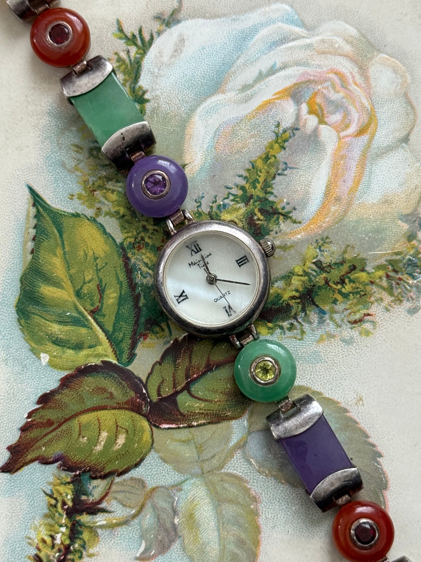 working sterling silver silver tone colored jade gemstone watch