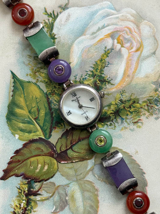 working sterling silver silver tone colored jade gemstone watch