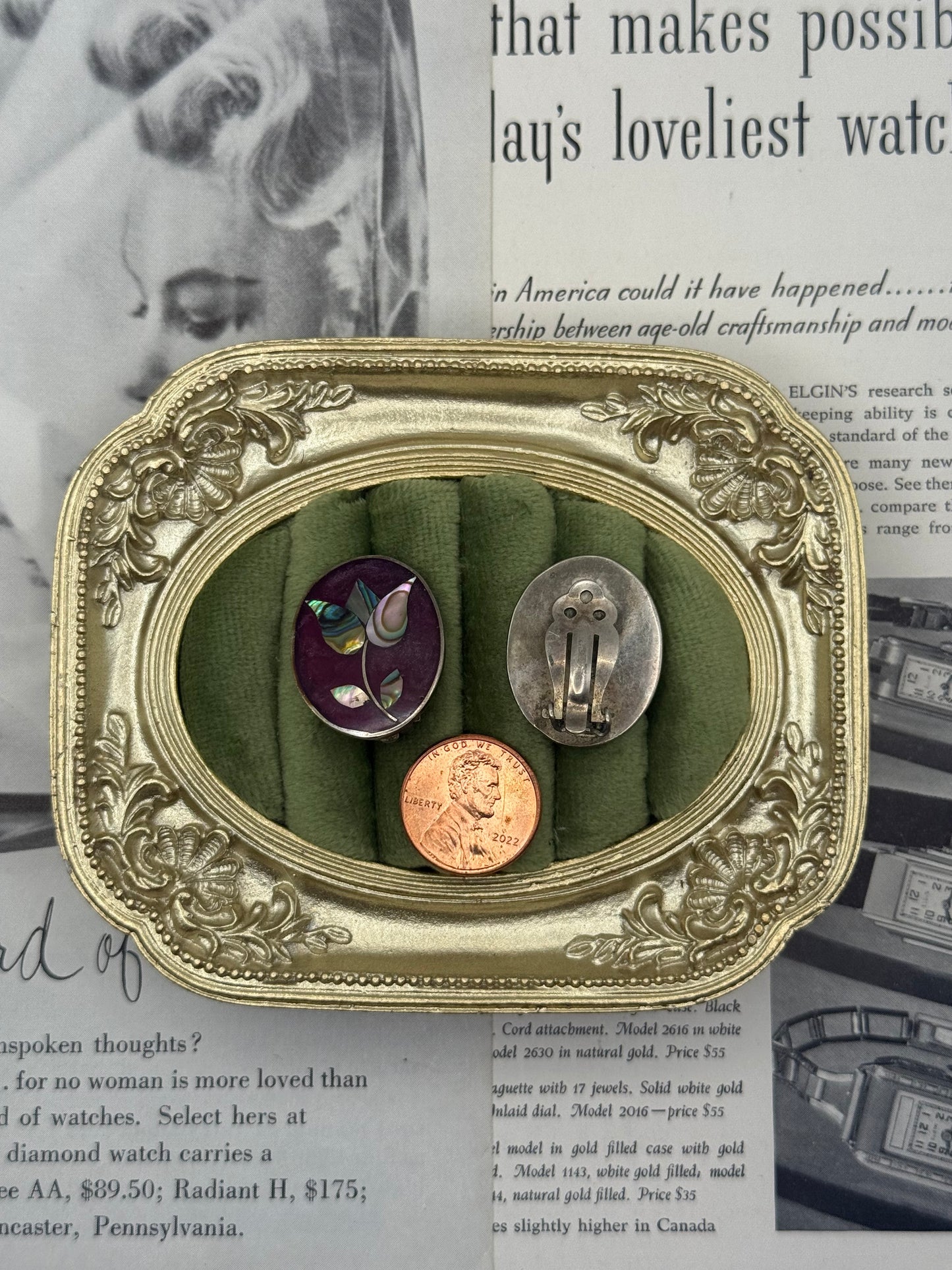 Vintage Silver Tone Abalone Floral Clip on Earrings