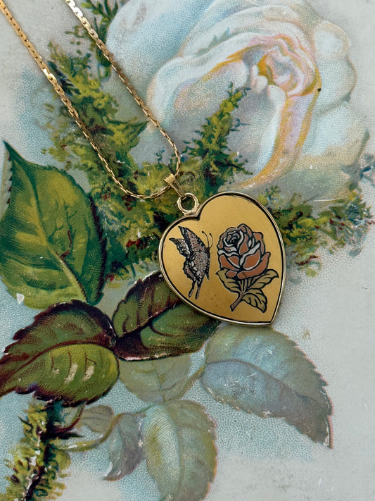 damascene gold tone butterfly heart necklace
