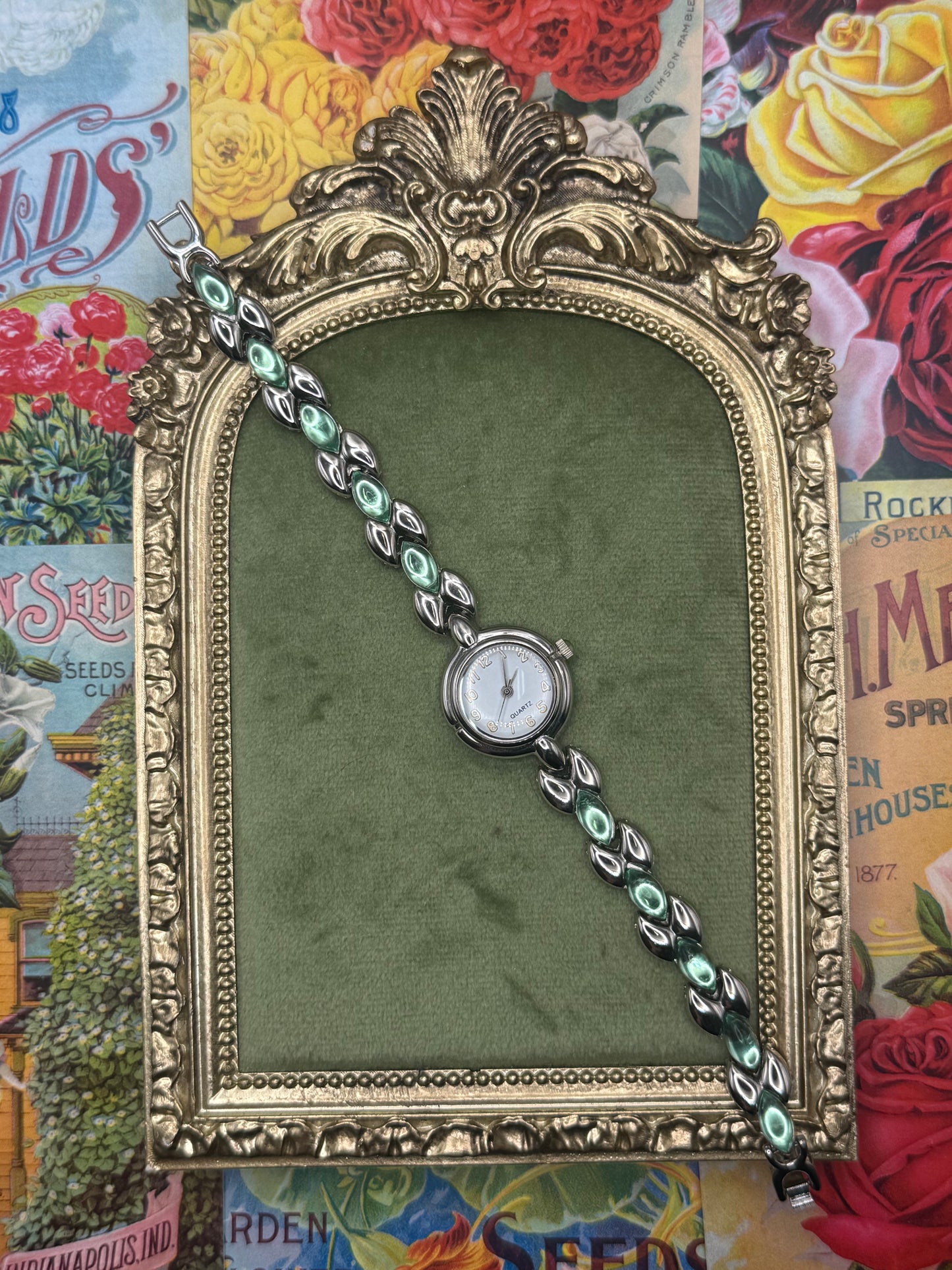 Working Vintage Silver Tone Green Accent Watch 6.75”